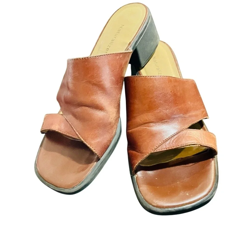 Naturalizer Womens Brown Leather Crossover Slide Sandals Block Heel 8M